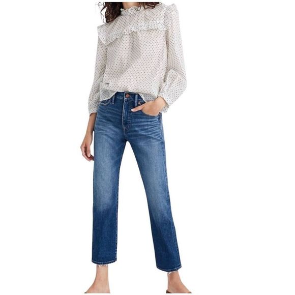 Madewell Tops - Madewell Women's White & Mini Black Polka-dot Cotton Ruffle & Long Sleeve Top